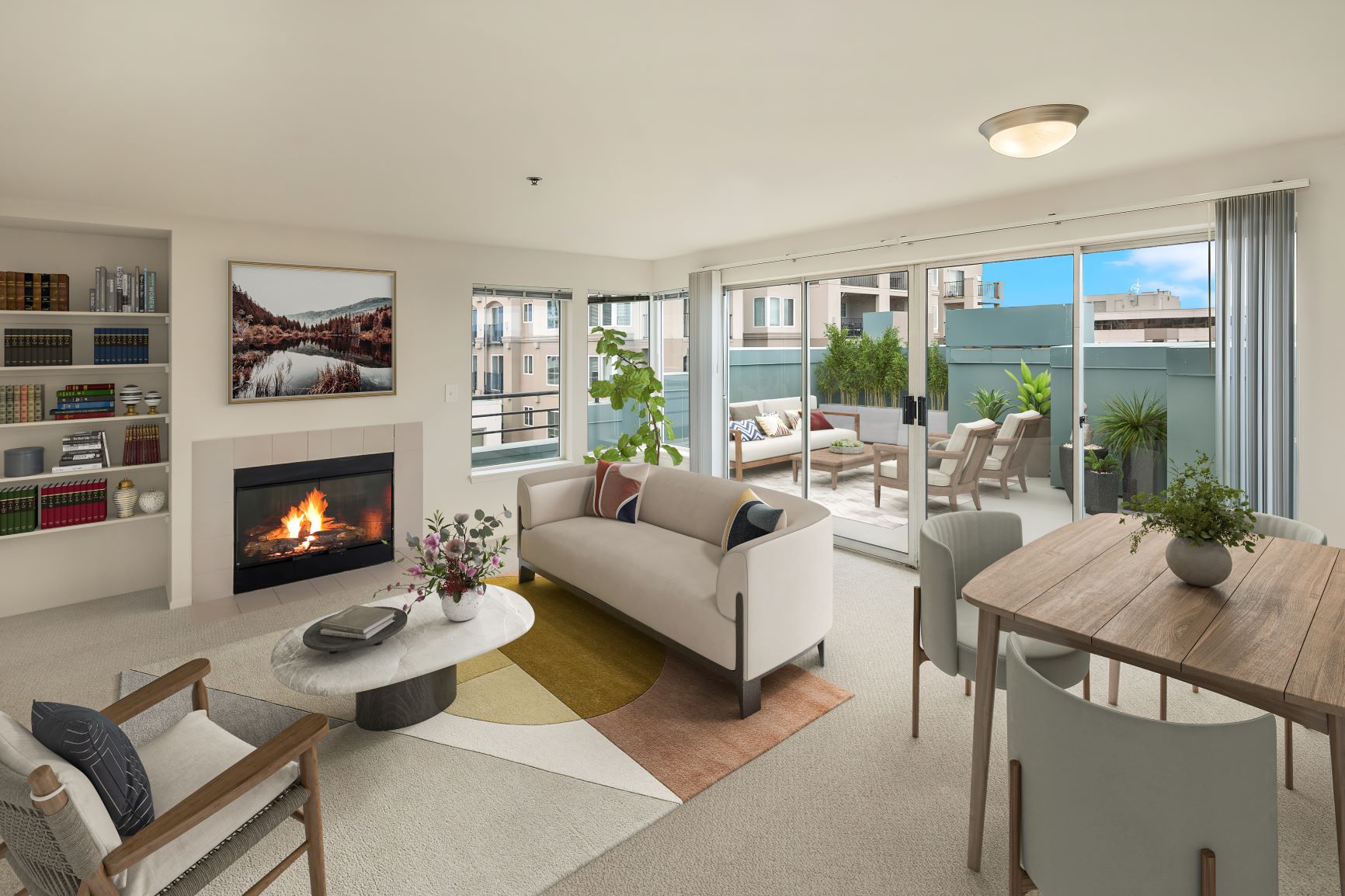 Bright living room with sliding glass doors to ample balcony