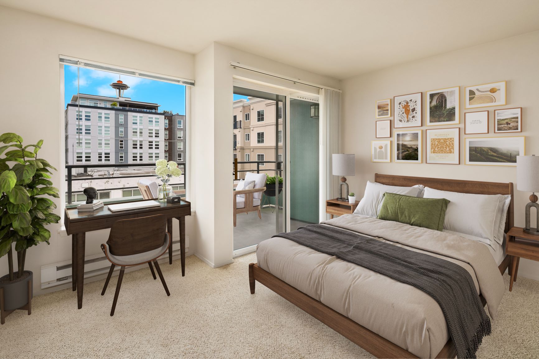 Sleek and stylish bedroom with ample natural light, perfect for urban living. The bedroom features a great view of the Seattle Space Needle