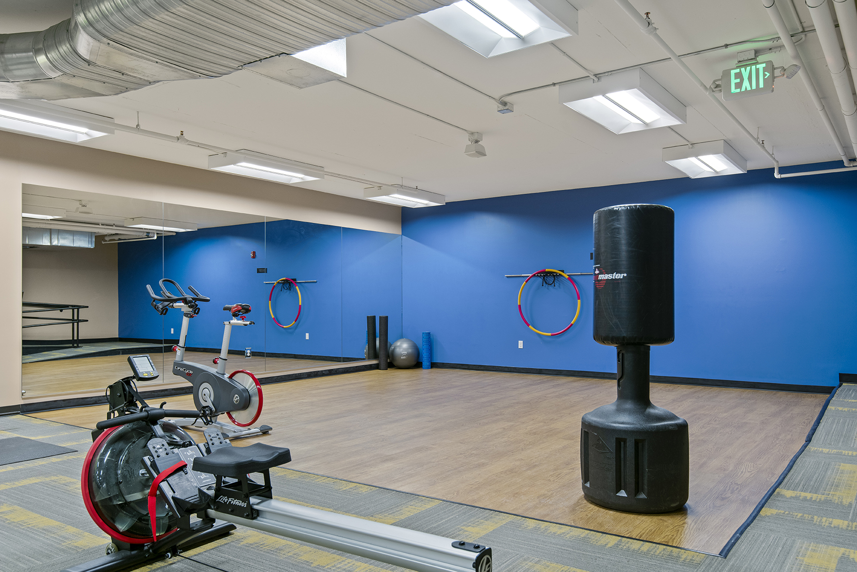 A gym interior with a rowing machine and a punching bag. There is an exit sign on the wall in the background.